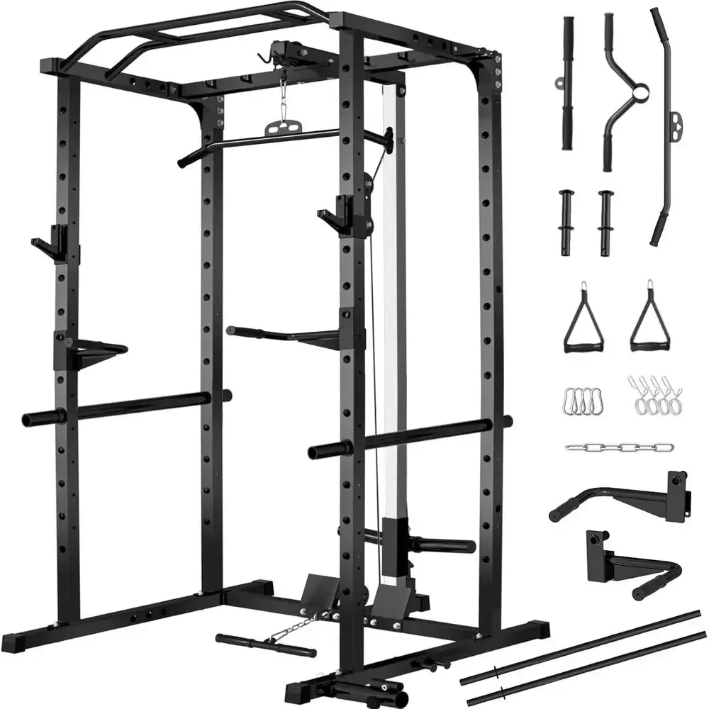 Lat Pulldown Cable - แร็คยกน้ำหนักความจุ 2000 ปอนด์ พร้อมระบบดึงสายเคเบิลแบบมัลติฟังก์ชัน, แขนกันกระแทก, แลนด์ไมน์,
