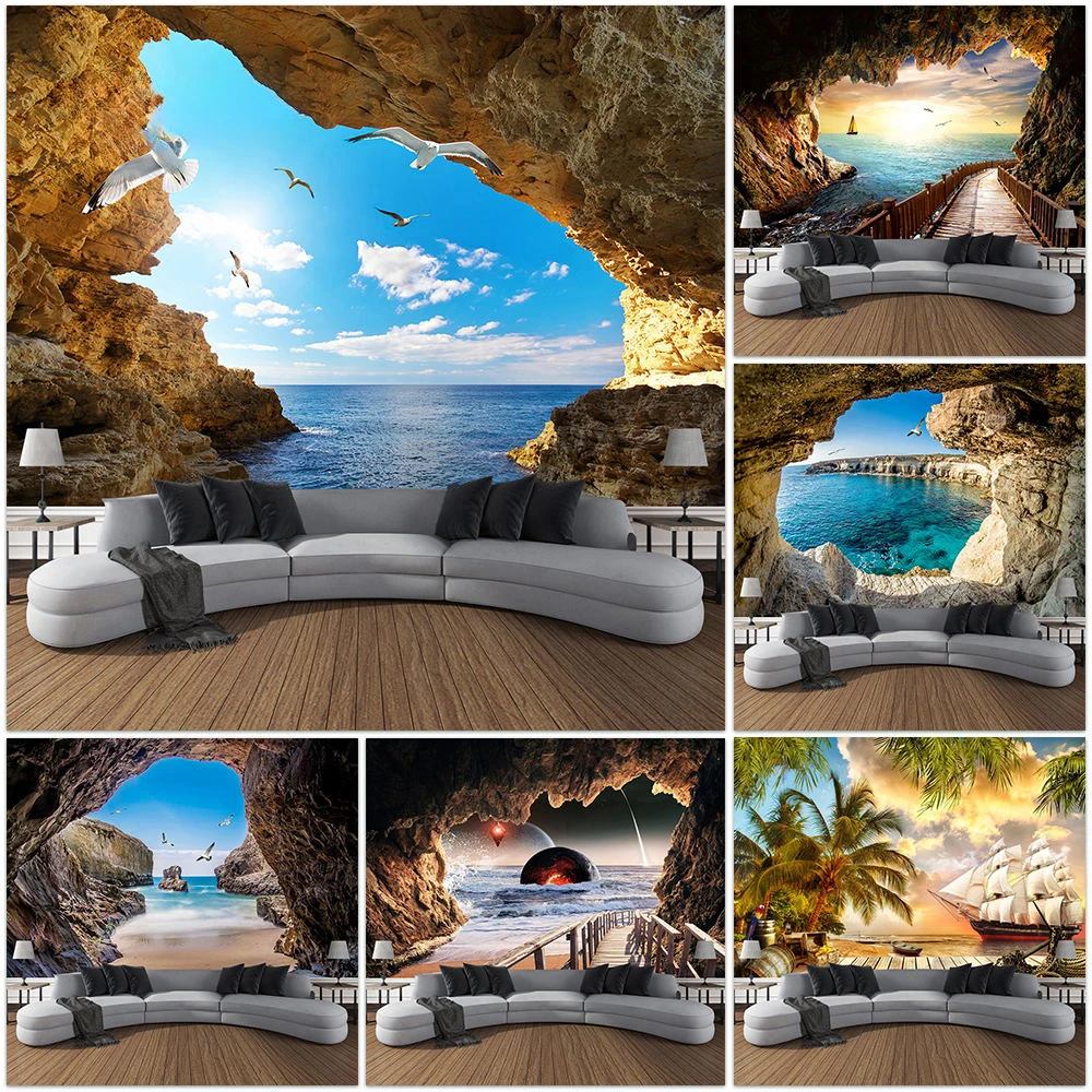 Home Gym Decor - ถ้ําภูเขาภูมิทัศน์Tapestry Oceanนกมะพร้าวต้นไม้Sailing Beachทิวทัศน์ธรรมชาติTapestriesบ้านสวนหอพักตกแต่งห้องนอน